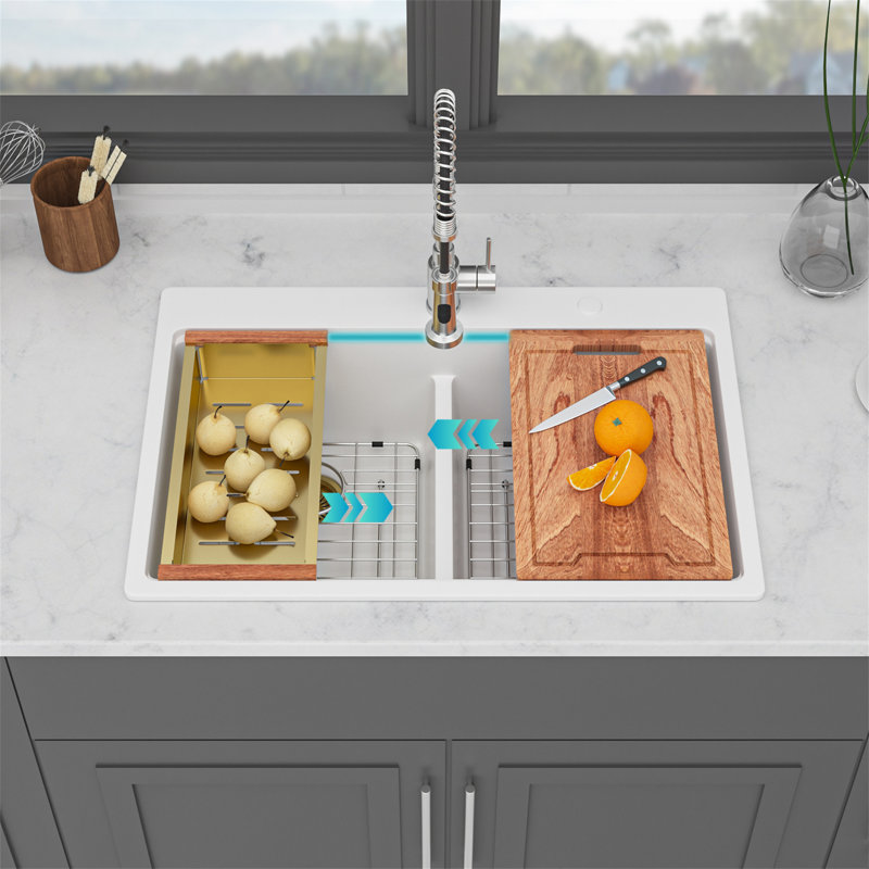 Quartz Kitchen Sink - 33" X 22" X 9.65" White Granite Composite Double Bowl  Workstation Topmount Drop-In Kitchen Sink, White