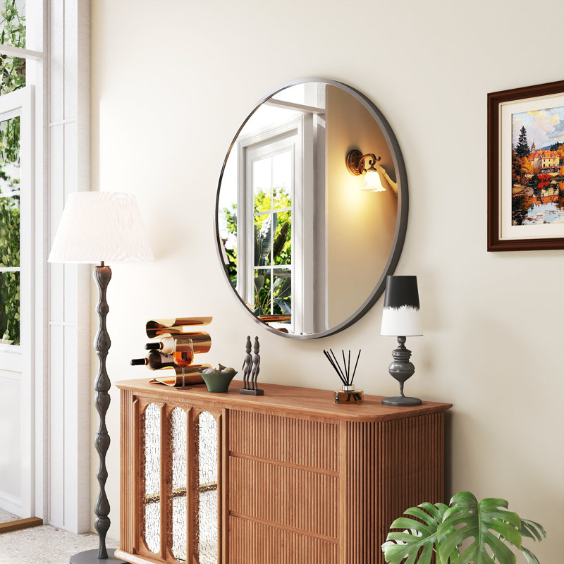 Round Wall Mirror with Aluminum Alloy Frame and Tempered Glass, Modern Bathroom Vanity Mirror, 36" x 36", Matte Black
