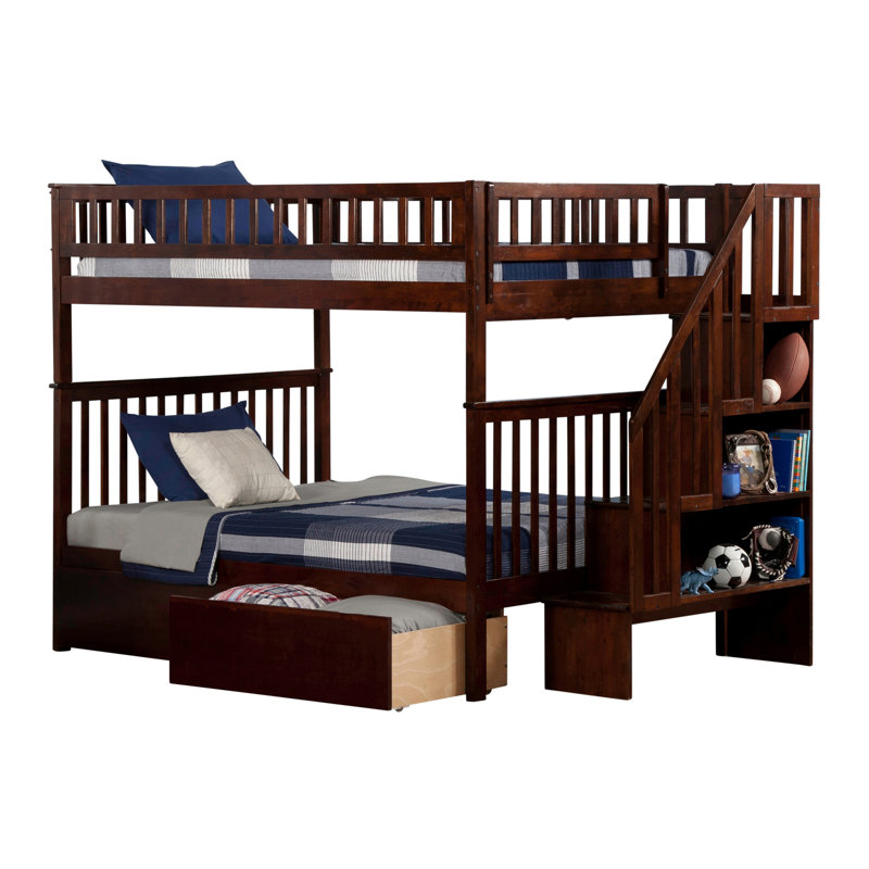 Ilariana Wood Bunk Bed with Staircase and Drawers, Walnut, Full over Full