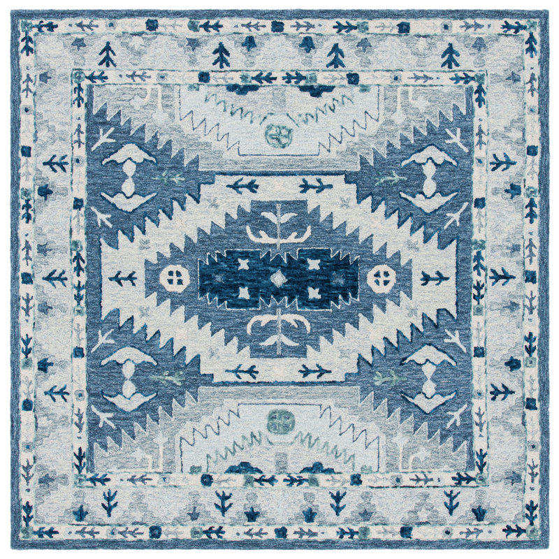 Tapis bleu / gris en laine touffeté à la main Lanagan, Carré 7 pi