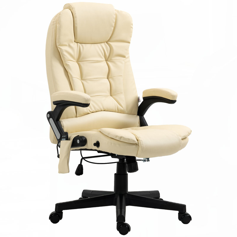 HOMCOM High Back Vibration Massage Office Chair with 6 Vibration Points,Heated Reclining PU Leather Computer Chair with Armrest and Remote,Beige
