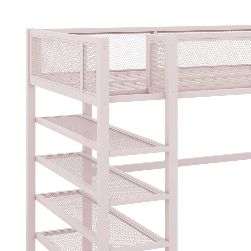 Lit mezzanine en métal avec tablettes à 4 niveaux et rangement, Simple, Rose