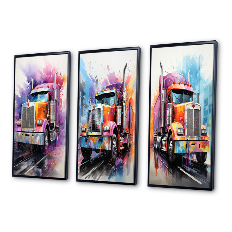 «Semi Truck Speed Demon», 3 pièces sur toile, Cadre noir, H 32 po x l 48 po
