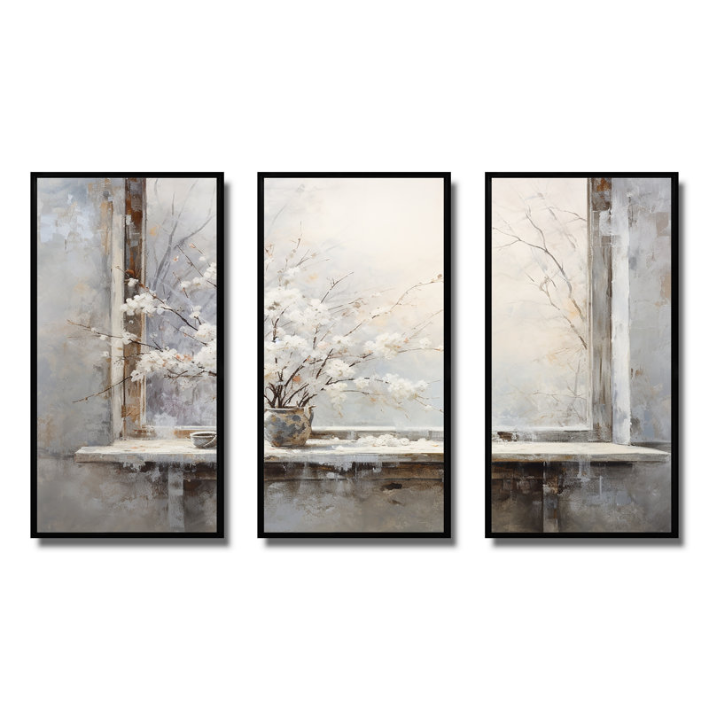 Neige près de l'hiver, vue de fenêtre 1 - Japon, art mural, H 28 po x l 36 po x P 1 po, Cadre flottant noir