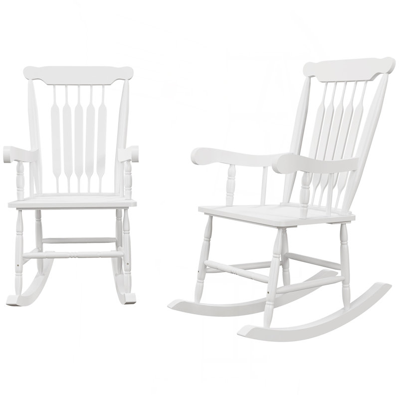 Outdoor Wood Rocking Chairs Set Of 2, 350 Lbs. Porch Rockers With High Back For Garden, Patio, Balcony, White