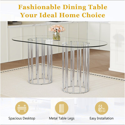 Ensemble de table et de chaises. Table de salle à manger ovale en verre trempé de 71 pouces, style luxueux à double colonne argentée. Chaises en polyuréthane de haute qualité avec pieds en métal arqués argentés, table moderne et ensemble de meubles 6 places.
