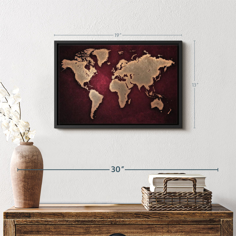 «Maroon World Map Wall Art», H 13 po x l 19 po