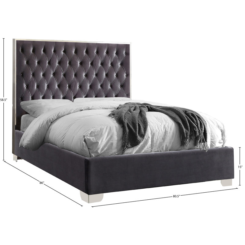 Lit plateforme tapissier capitonné Spadaro, Très grand, Gris, Argent