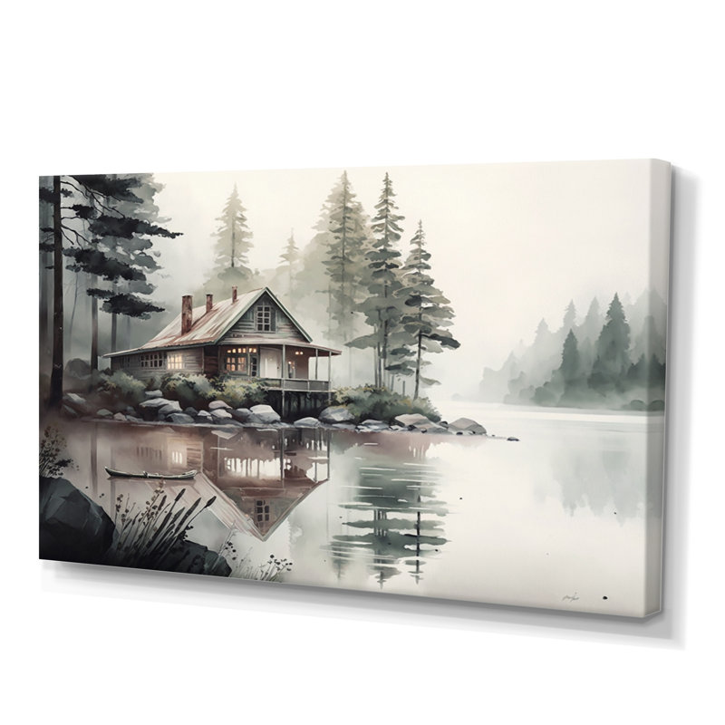 Cottage au bord du lac I - Art mural chalet, Toile tendue, H 30 po x l 40 po x P 1,5 po