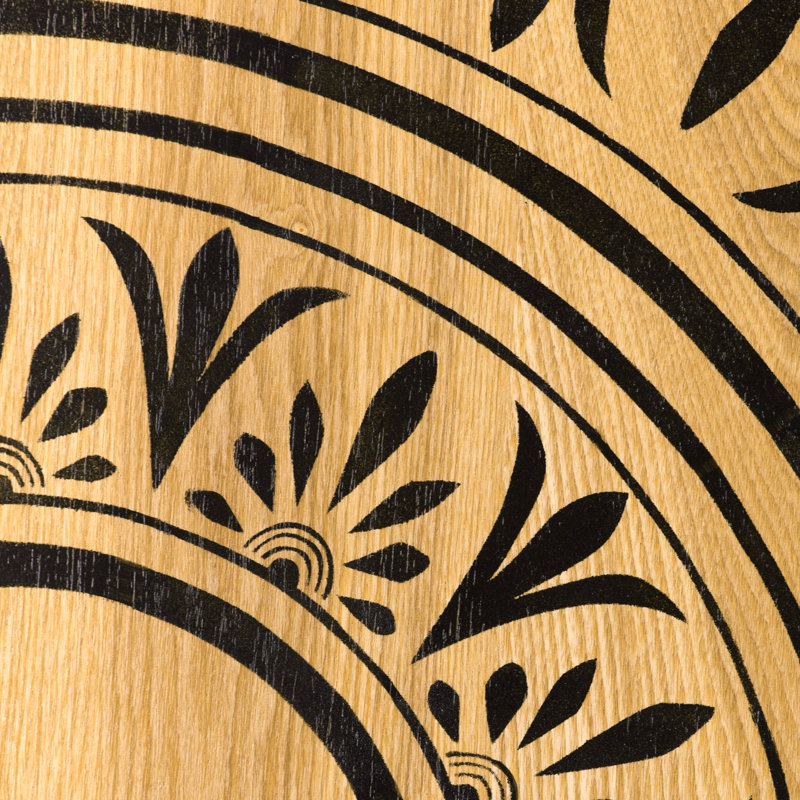 Natural Wood Floral Medallion Side Table with Black Accents
