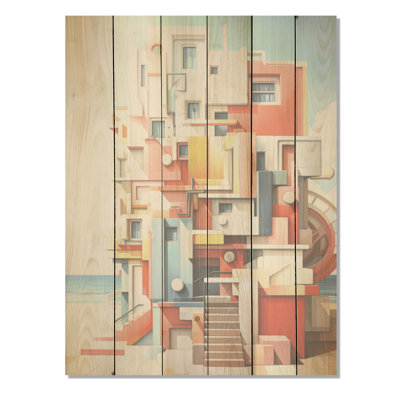 Lighthouse De Stijl Lansdcape I - Ocean Wood Art On Natural Pine Wood