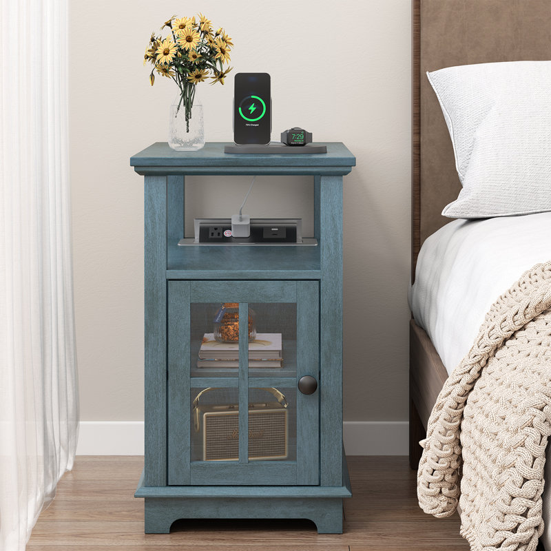 Boxley Tray Top End Table and Built-In Outlets, Teal Top/Teal Base