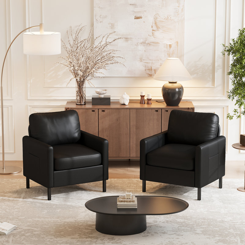 Faux Leather Accent Chair With Metal Legs & Side Pocket (Set Of 2), Black