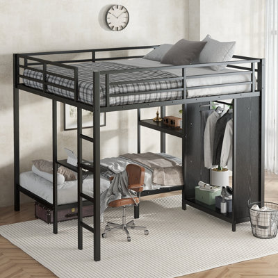 King over Twin XL Metal Bunk Bed with Wardrobe, Foldable Desk & Shelves, Space-Saving Loft Frame, Black by Isabelle & Max