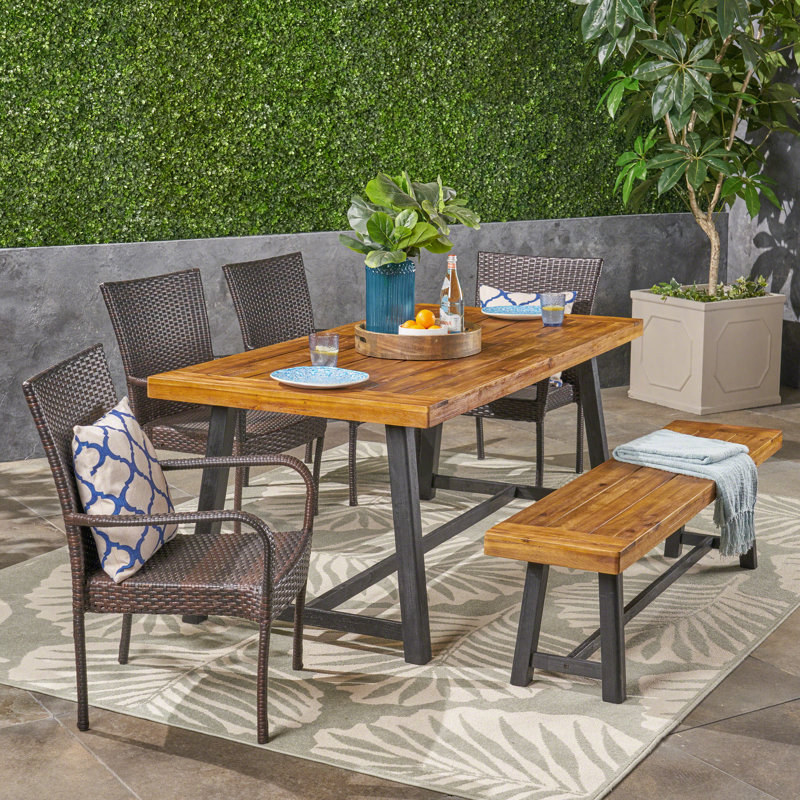 Teak and Wicker 6-Person Outdoor Dining Set with Iron Frame