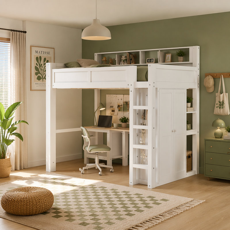 Grand lit mezzanine en bois avec garde-robe et bureau, tête de lit avec rangement et port USB, blanc