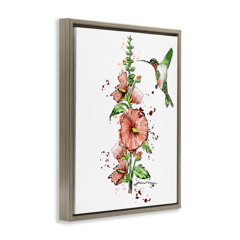 Cadre flottant Hummingbird and Hollyhock, design par Susan Lugar, H 21 po x l 17 po, Cadre flottant orme Montalcino