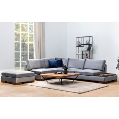 Modern Corner Sofa with Pouf, Dark Grey, 76.0 x 123.2 x 31.5 inches | Beech Wood & Chipboard Frame, 100% Polyester Fabric | Soft Grey Foam & Feather Cushions, Dry-Cleanable, Walnut Legs, Scandinavian Design