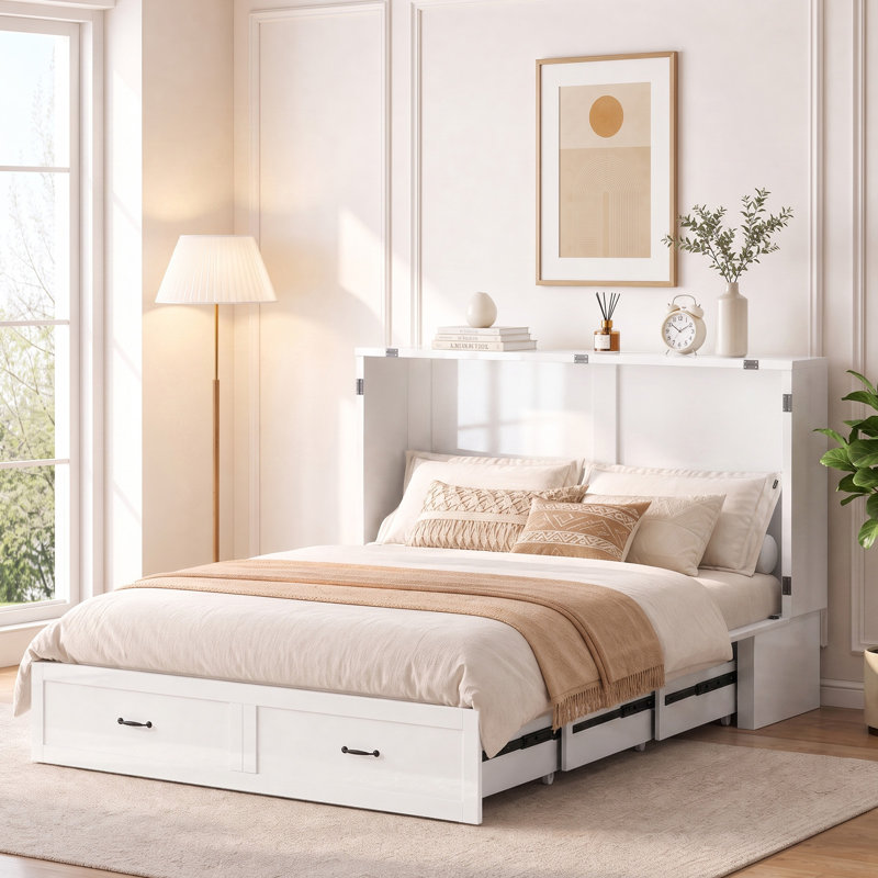 Lit escamotable convertible Queen avec tiroirs de rangement, station USB et matelas inclus