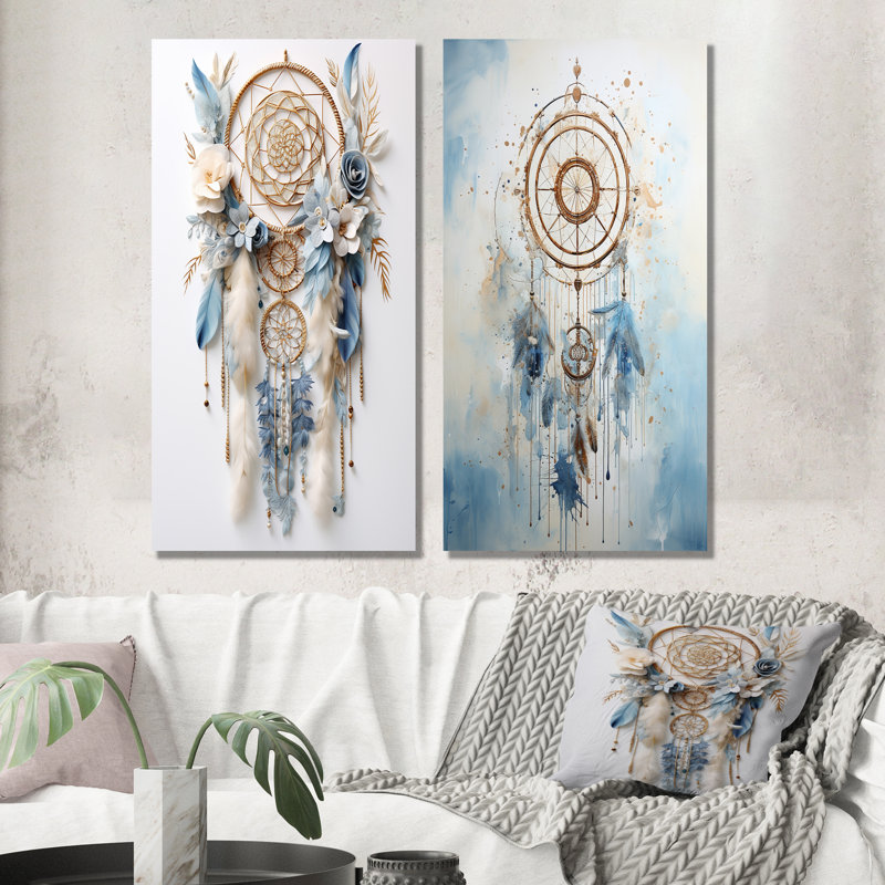 Ensemble de salon mural en métal Tranquility Dreamcatcher blanc et bleu, H 32 po x l 32 po