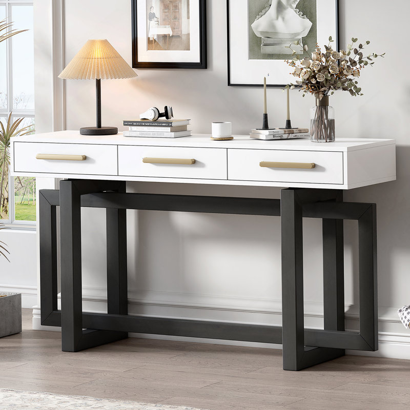 Console élégante avec trois tiroirs, table d'entrée très longue pour vestibule, couloir, salon, vestibule, couloir, Blanc
