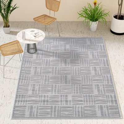 Turkish Unfaded Plaid Indoor Outdoor High-Low Pile Area Rug in Gray/Cream for Patios, Deck, Porch Or Entryway