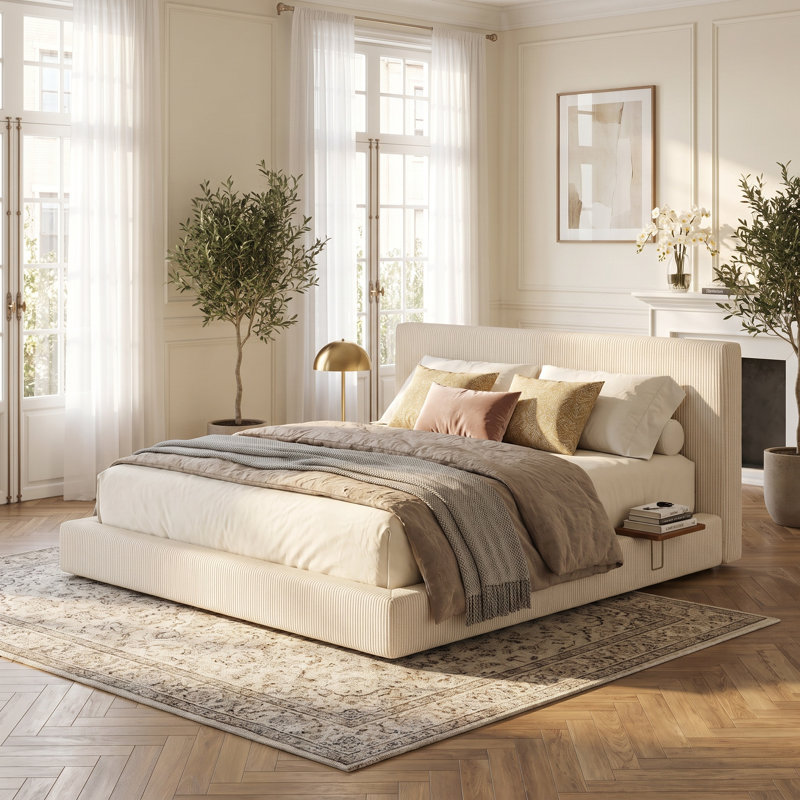 Base de lit plateforme très grand Turman avec table d'appoint coulissante réglable, coussin en velours côtelé 8,7 po Cloud, lit bas blanc crème, support à lattes en acier, capacité de 1 100 lb