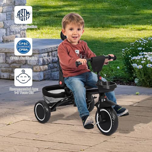 Foldable Baby Tricycle for Kids, 7 in 1 Toddler Tricycle Stroller for 1-5 Year Old, Baby Trike with Safety Harness, Black