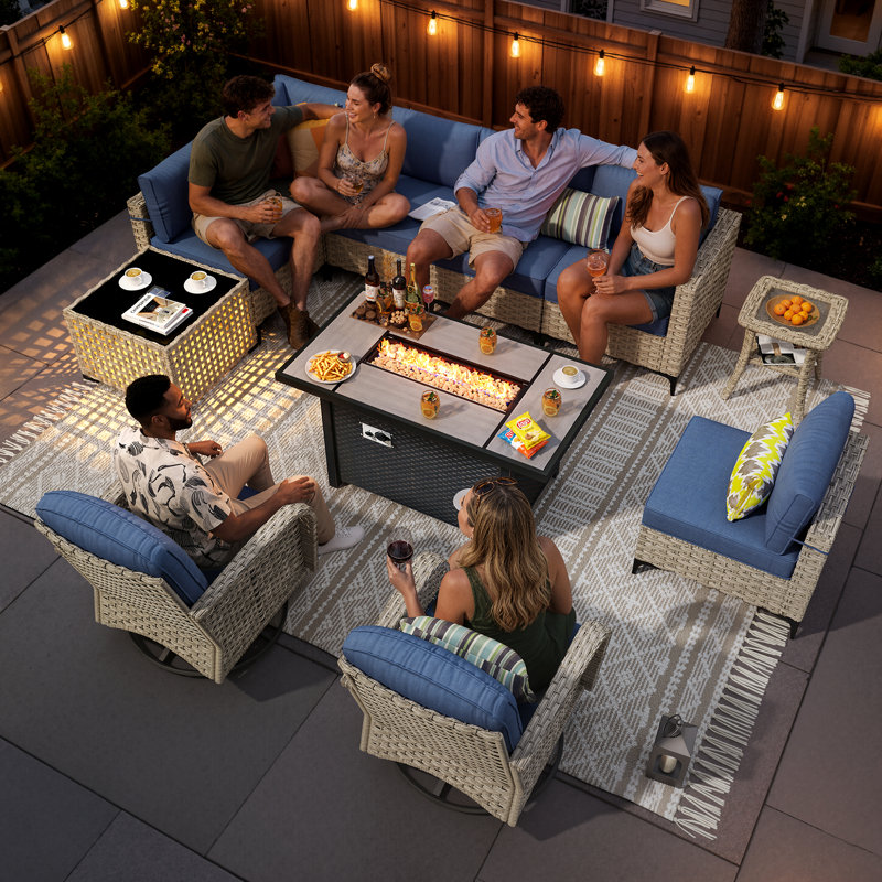 10-piece outdoor wicker patio furniture set with fire pit table, swivel chair and colorful cushions, Blue, Yes
