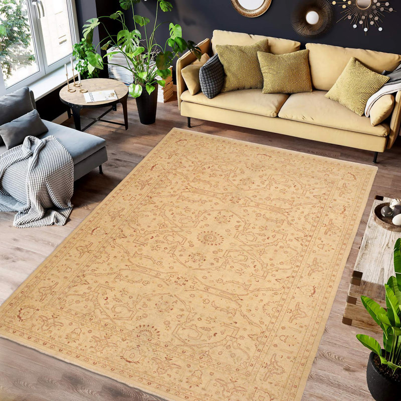 Laine beige oriental noué à la main 8 pi 6 po x 11 pi 6 po Dorn