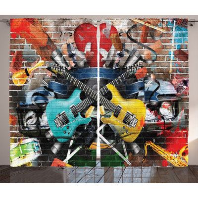 Josje Collage of  Music and Musical Instruments Street Semi-Sheer Curtain Panel