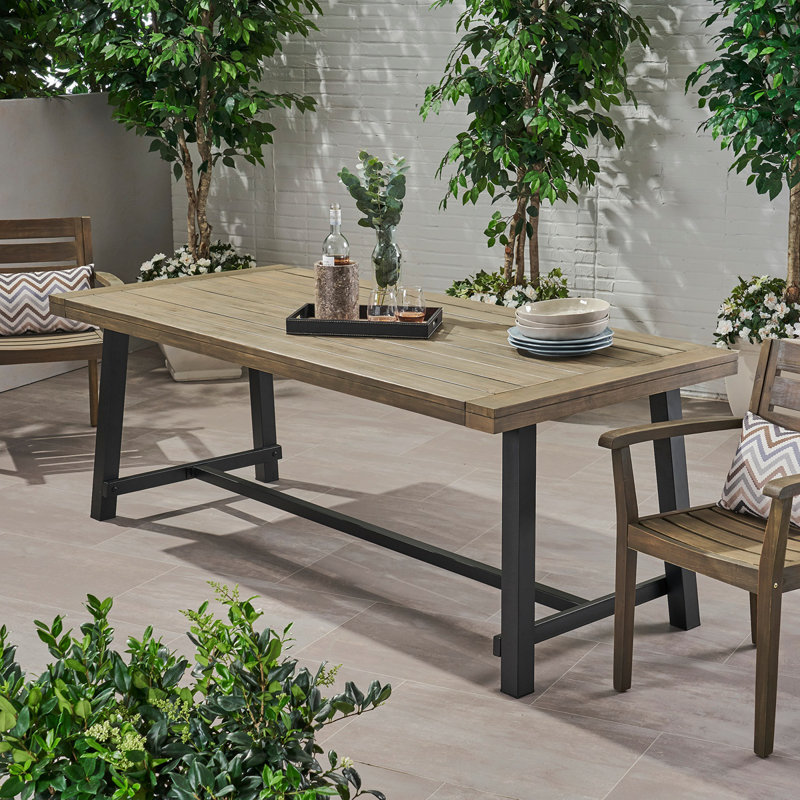 Table de salle à manger d'extérieur en bois d'acacia, gris / métal rustique, Gris / Noir