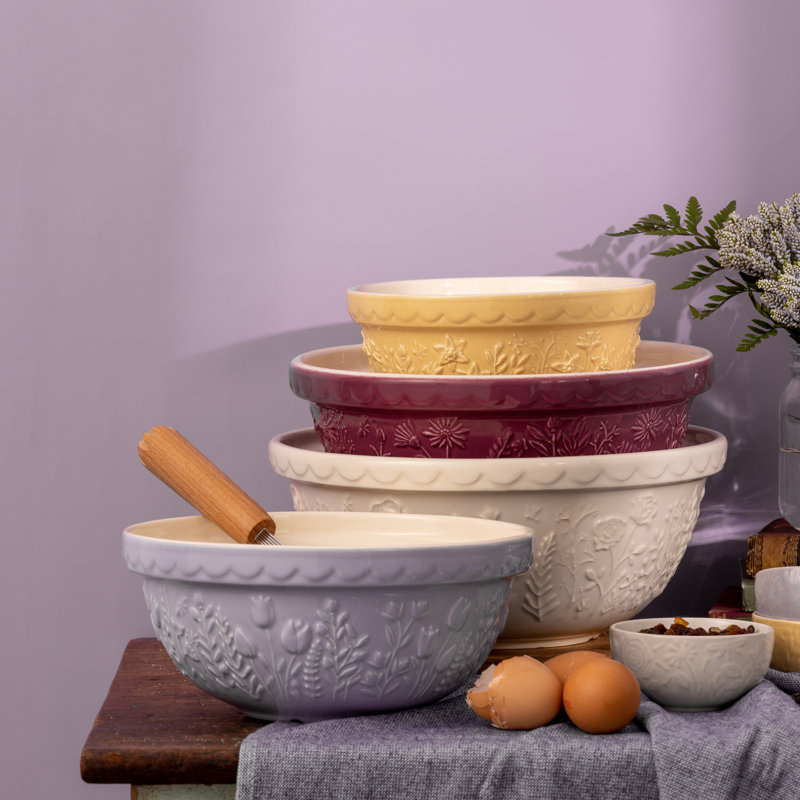 Cream Ceramic Rose Embossed Mixing Bowl, 4.25 Qt