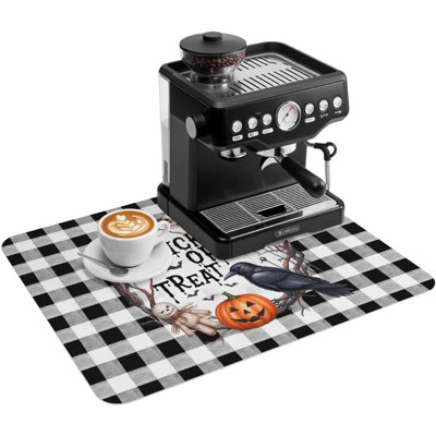 Tapis de cuisine/bar à café, motif corbeau et crâne sur fond écossais, absorbant et antidérapant, idéal pour égoutter la vaisselle. Accessoires de bar à café. Thème Halloween, 40 x 60 cm.