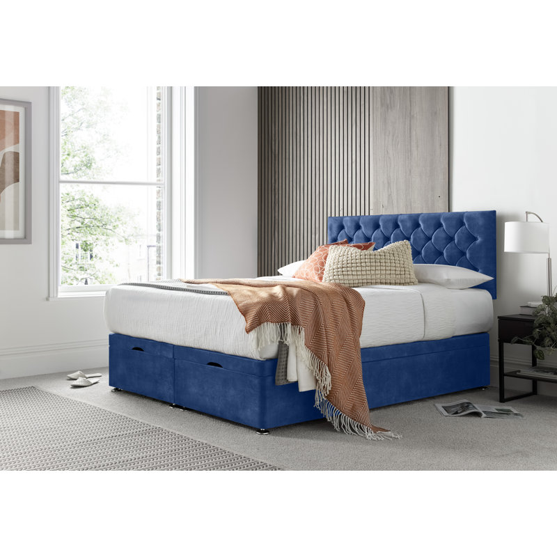 Florida Conistan Upholstered Ottoman Storage Bed with Panel Headboard & Gas Lift, Kingsize (5'), Blue