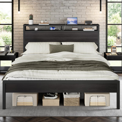 Tryston King Size Bed Frame With Storage Headboard&Charging Station,Black