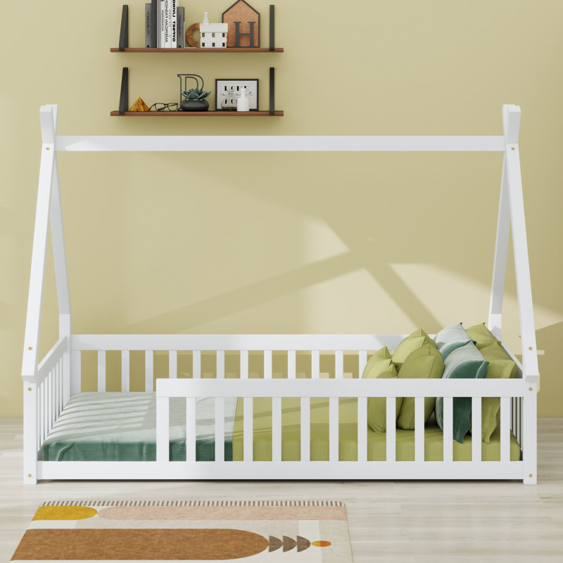 Tent-Shaped Floor Bed With Design, Guardrails And  Slats, White