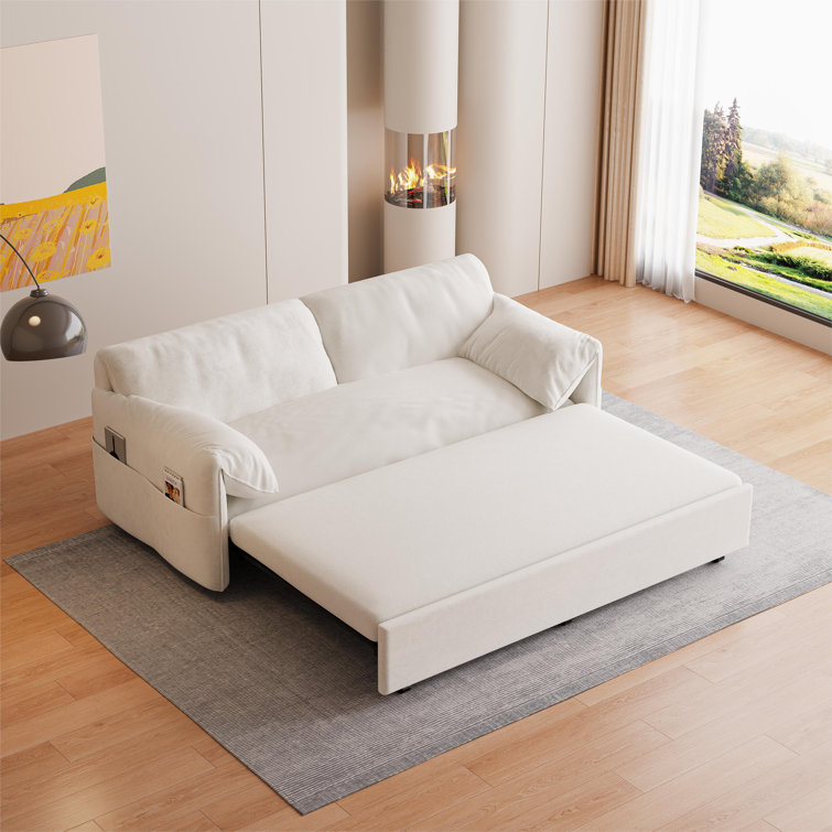 63.8-Inch Pull-Out Sofa Bed 3-In-1 Multifunctional Double Sofa Bed With  Side Storage Pockets