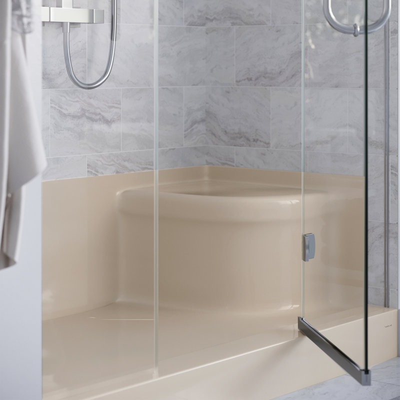 Receveur de douche Aquatique 60 po x 32 po à seuil unique, avec bonde à gauche et siège intégré à droite, couleur biscuit