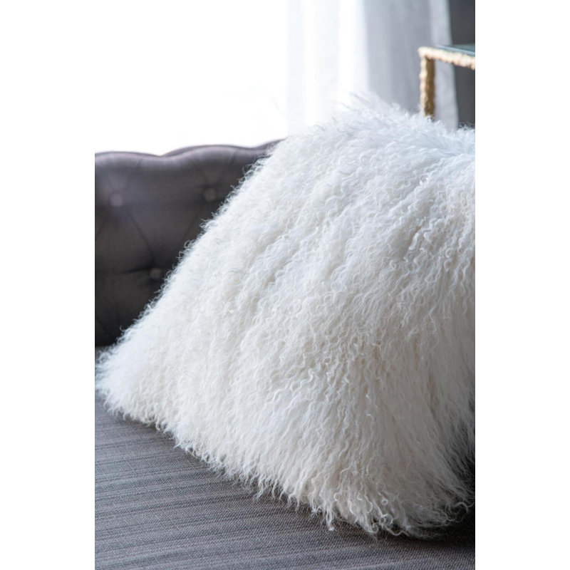 White Mongolian Lamb Fur 20-Inch Square Pillow with Faux Suede Back