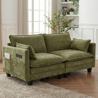 Ensemble de canapé moderne en chenille vert, canapé 3 places avec repose-pieds individuel assorti, mobilier de salon modulaire avec ports USB intégrés et poches latérales.