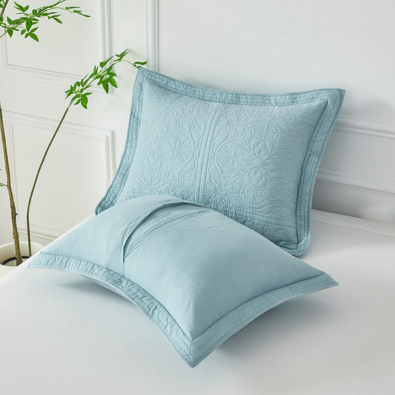 100% Cotton Quilted Pillow Sham Floral Printed Pillow Cover King Size, Baby Blue, Rectangle 20"H x 36"W