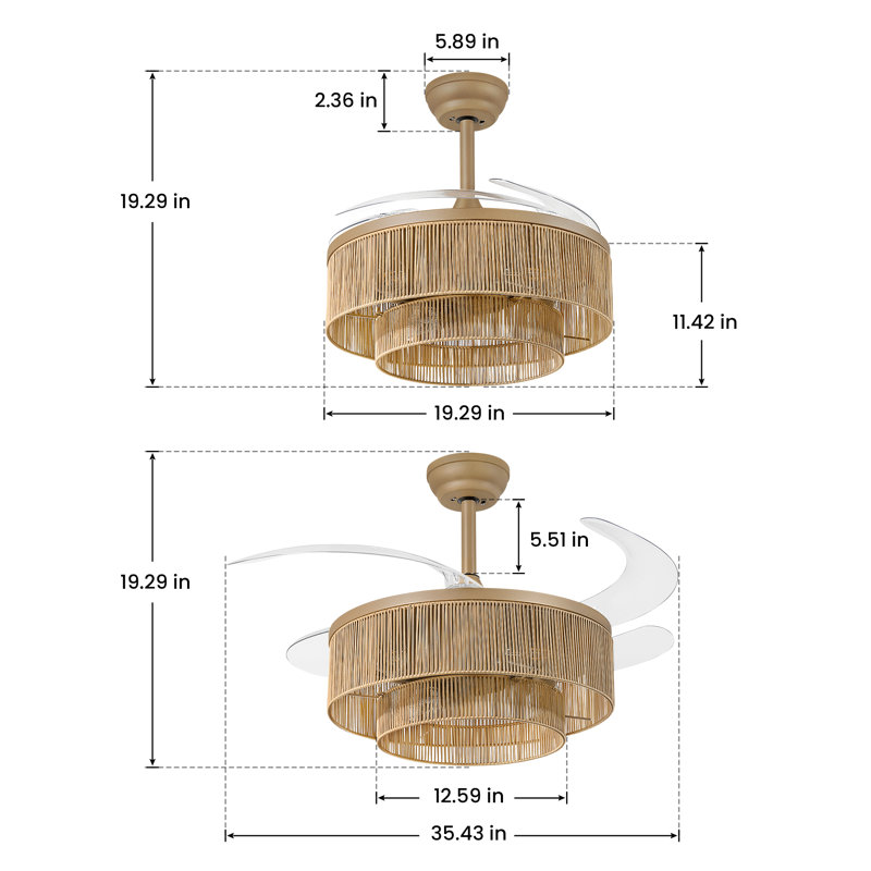 Ventilateur de plafond 36 po à pales rétractables avec ensemble d'éclairage, télécommande et abat-jour en rotin 36 po