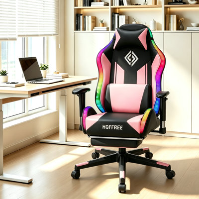 HOFFREE LED Gaming Chair Ergonomic PVC Leather Computer Chair PC Game Chair With Footrest And Lumbar Support