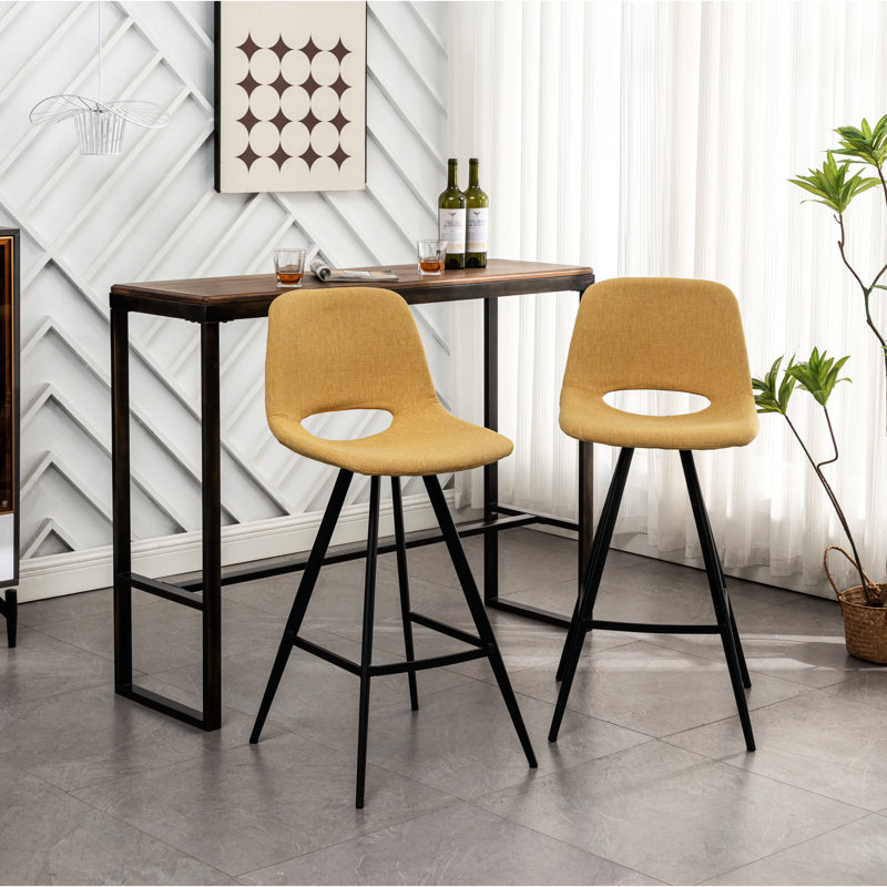 Of 2 Yellow Fabric Kitchen Counter Height Stools, With Cozy Upholstery And Stable Metal Legs