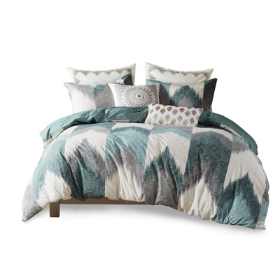 Full/queen Duvet Cover - Cotton Printed Button Closure, Inner Ties 2 Matching Shams Pattern Buttoned Closure & Tie Coordinating