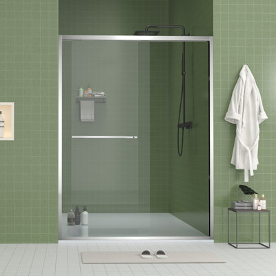 Enceinte de douche coulissante en verre à largeur réglable de 56 à 60 po avec verre trempé de 8 mm, conception à deux poignées, quincaillerie sécuritaire et porte pour environnement