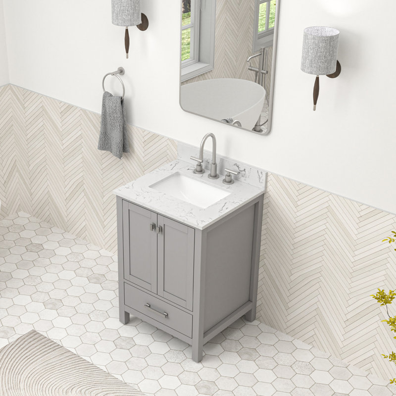 Meuble-lavabo autoportant de 24 po avec comptoir en marbre, Gris, Nickel brossé