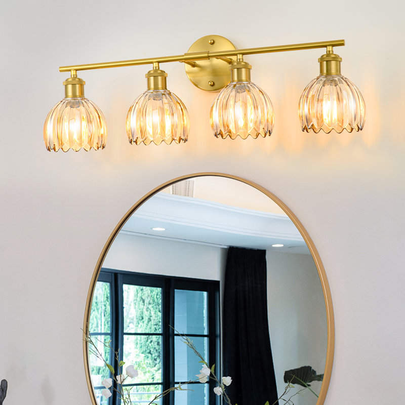 Vintage 4 - Light Brass Vanity Light With Tulip Amber Glass Shades For Bathroom, Living Room Bedroom, Gold, Amber, 4 Lights