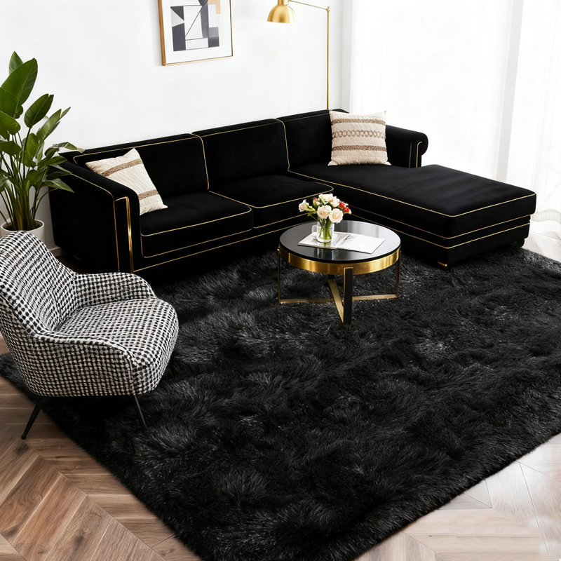 Soft Fluffy Black Faux Sheepskin Area Rug, Rectangle 8' x 10'